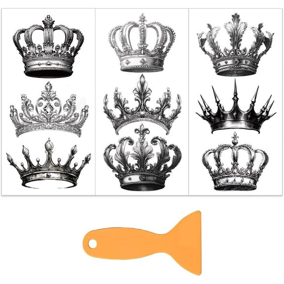 3pcs/Set Black and White Sketch Crown Rub on Transfer for Furniture and Crafts 6x12 Inch Crown Furniture Transfer Sticker Rub on Decals with 1pc Scraper for Wood Furniture Home Decoration