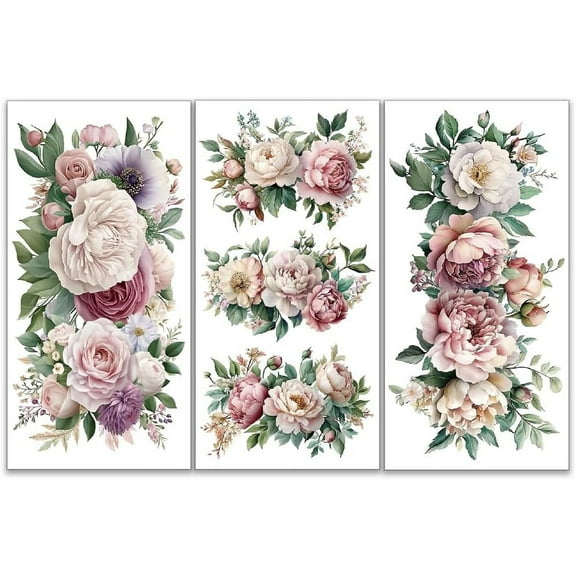 3pcs/Set Blooming Flower Rub on Transfers for Furniture and Crafts 6x12 inch Rose Peonies Furniture Decals Floral Transfer Stickers Rub on Decals for Wood Furniture Home Decor DIY