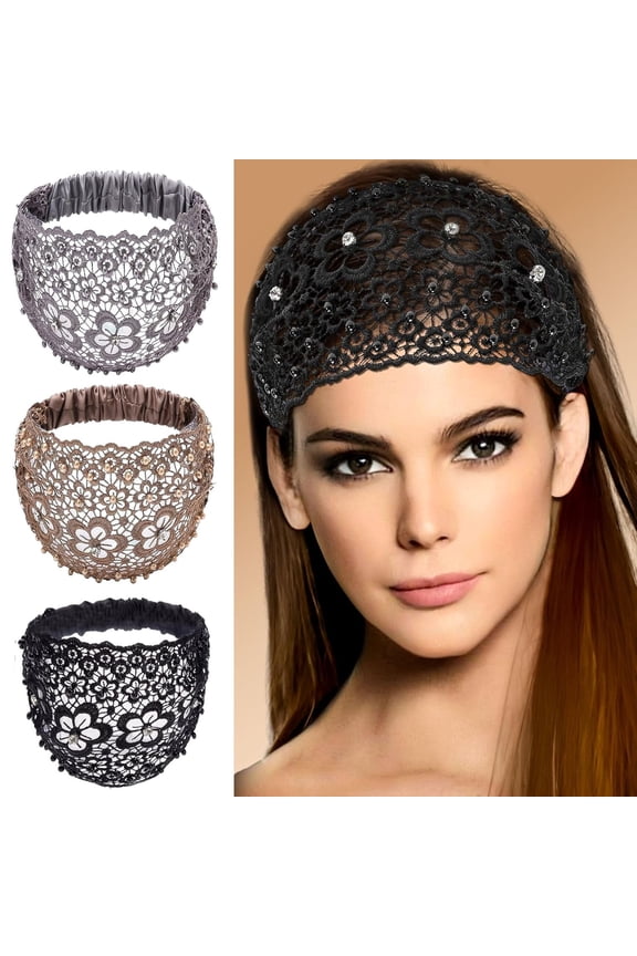 3pcs Set Boho-Chic Crystal & Pearl Embellished Wide Headbands for Women, Boho Chic Crystal and Pearl Headband, Elegant Wide Floral Beaded Lace Headbands Hair Accessories