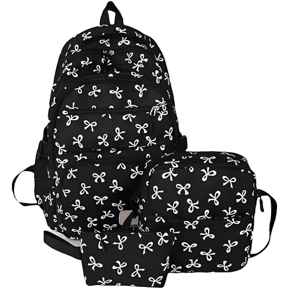 3pcs Set Bow Backpack For Women, Aesthetic Nylon Rucksack, Cute Kawaii Backpack With Bow Pattern (Black)