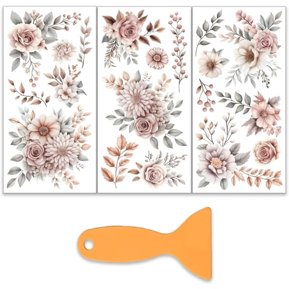 3pcs/Set Brown Flowers Rub on Transfers for Crafts and Furniture 6x12 Inch Roses and Branches Furniture Decals Transfer Stickers 1pc Scraper for Wood Furniture Home Decor Mixed Color