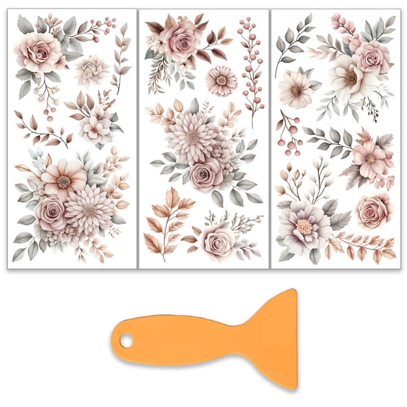 3pcs/Set Brown Flowers Rub on Transfers for Crafts and Furniture 6x12 Inch Roses and Branches Furniture Decals Transfer Stickers Rub on Decal
