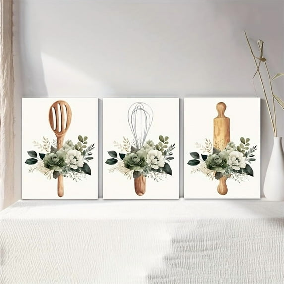 3pcs Set Canvas Art Prints, Green Watercolor Floral & Kitchenware Design, Frameless Landscape Theme, Perfect for Living Room, Bedroom, or Dorm Decor