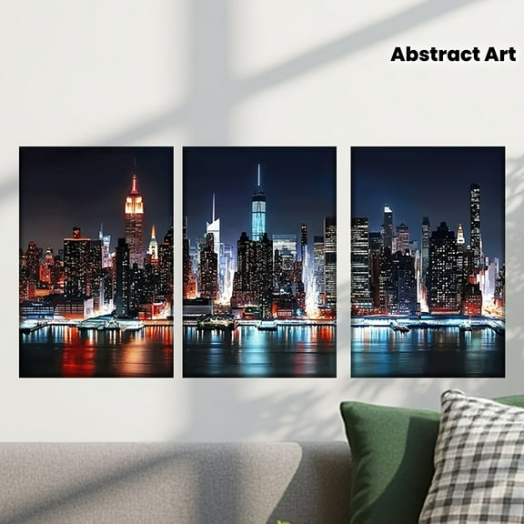 3pcs/Set, Canvas Painting--Unframed, New York Skyline at Night, Posters And Prints, Living Room, Office, Bar, Library, Cafe, Abstract Art, Perfect Birthday, Home Decoration, Holiday Gift, Labor Day,
