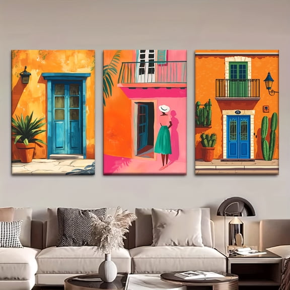 3pcs/Set, Canvas Painting--Unframed, Vibrant Mexican Street Scene, Posters And Prints, Living Room, Library, Office, Cafe, Bar, Abstract Art, Perfect Birthday, Holiday Gift, Valentine'S Day, Easter