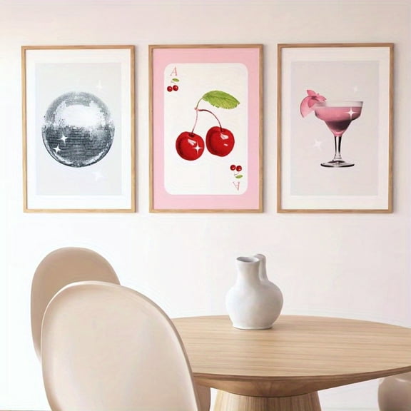 3pcs Set, Cherry & Cocktail Aesthetic Canvas Prints, Modern Frameless Wall Art, Funky Disco Decor Posters for Living Room, Unframed Landscape Theme Paintings