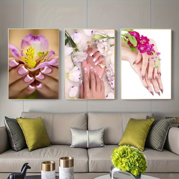 3pcs Set of Chic Floral Nail Art Canvas Posters - Modern and Abstract Designs, Odorless, Waterproof Prints, Suitable for Home and Office Decor, Ideal Gift for Friends, Unframed Wall Art for Living R