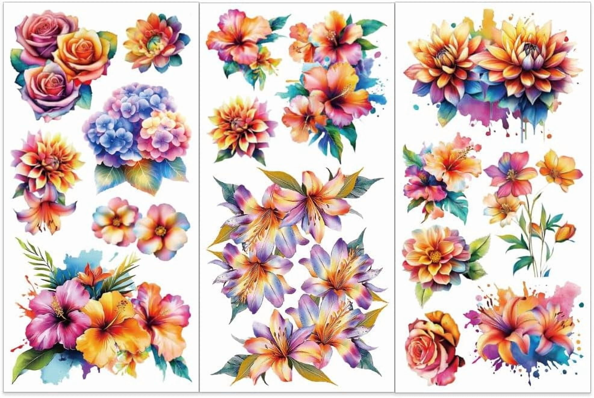 Flower Transfer Stickers 3pcs/Set Colorful Flower Rub on Transfers for Furniture and Crafts 6x12 ...
