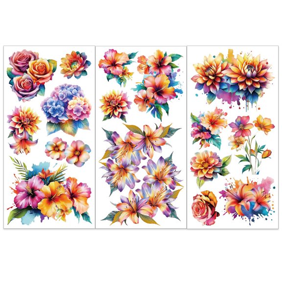 3pcs/Set Colorful Flower Rub on Transfers for Furniture and Crafts 6x12 inch Lily Rose Dahlia Furniture Decals Watercolor Flower Transfer Stickers