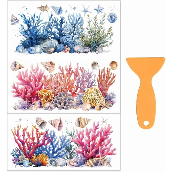 3pcs/Set Coral Seashell Rub on Transfers for Furniture and Crafts - PVC Material - Coral Shells Starfish & Seaweed Patterns - 12x6 Inch - Multicolor - Tropical Style - Indoor Use 1 Set