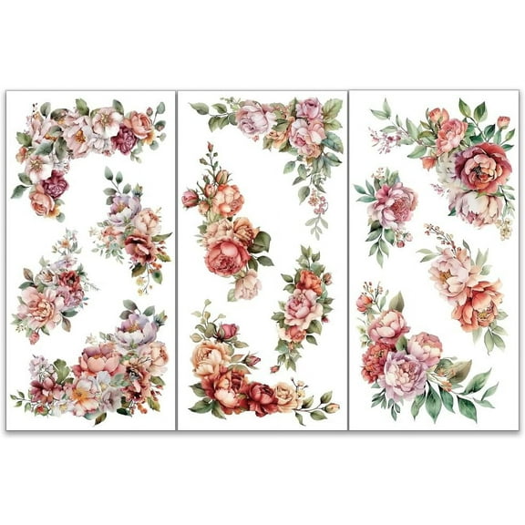3pcs/Set Corner Flower Rub on Transfers for Furniture and Crafts 6x12 inch Roses Peonies Decor Transfer Stickers Floral Rub on Decals for Wood Furniture Scrapbooking Home Decorations diy