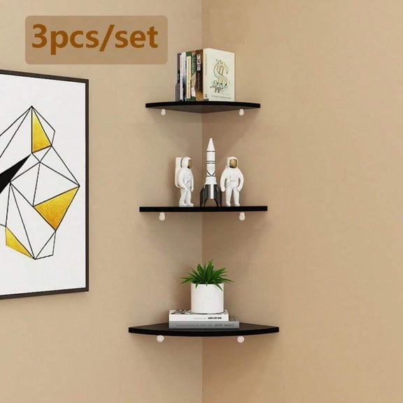 3pcs/Set Corner Shelf Wall Mount, S+M+L 3pcs Floating Corner Shelves With Cord Hole, 3 Tier Wood Wall Display Shelf, Storage For Bathroom Living Room Kitchen Bedroom, Rustic Brown And Black