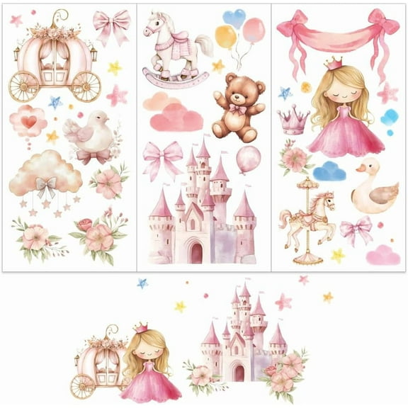 3pcs/Set Dream Castle Rub on Transfers DIY for Furniture and Crafts 6x12 Inch Princess Bear Furniture Decals Decor Carousel Nursery Furniture Transfer Stickers DIY for Home Decor Scrapbooking