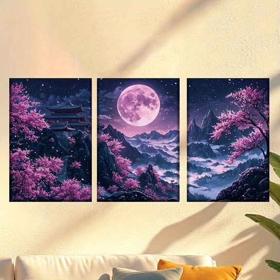 3pcs Set Encaustic Moonlit Mountain Landscape with Cherry Blossoms - -Inspired Triptych Wall Art, Unframed Wrapped Canvas Paintings for Living Room, Office, Cafe - Soothing White, Grey, Pink & Golde