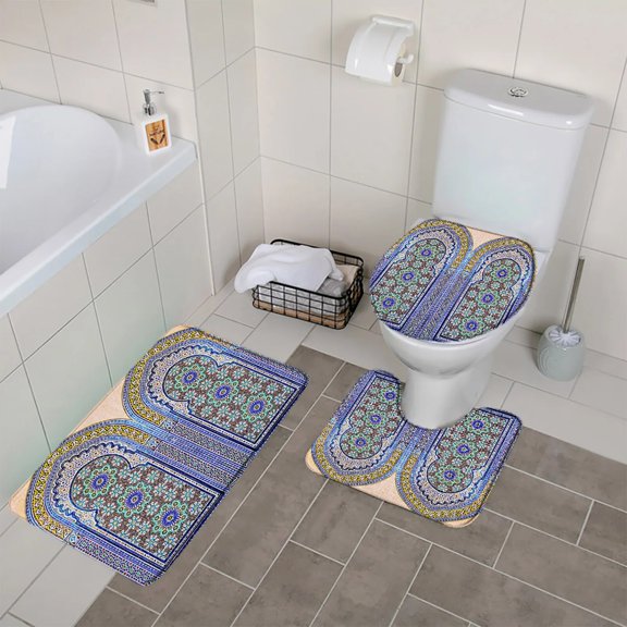 3pcs Set Europ Vintage Court Moroccan Pattern Bath Mat Homestay Bathroom Decor Foot Mat Non Slip Flannel Rug Carpet Toilet Cover
