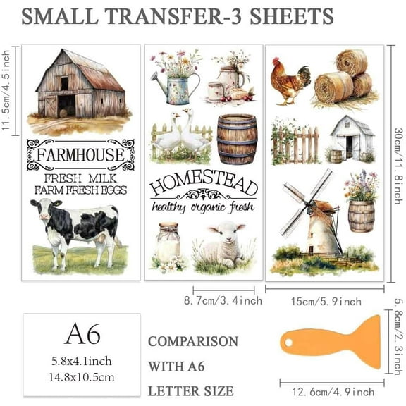 3pcs/Set Farmhouse Rub on Transfers for Furniture and Crafts 6x12 Inch Farm Theme Furniture Transfer Sticker Decals Transfer Stickers Rub on Decals for Wood Furniture Home Decoration