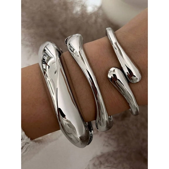 3pcs/Set Fashionable Punk Old Money Style Minimalist Gold Geometric Smooth Asymmetrical Teardrop Metal Bangle Bracelet Set, Suitable For Women, Thick Heavy-Duty Smooth Metal & Zinc Alloy Material