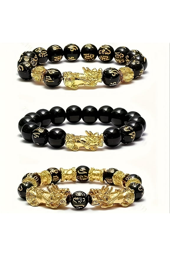 3pcs Set Of Feng Shui Auspicious Bracelets, Suitable for Both Men And Women - Natural Stone, Wealth-attracting Double PI Xiu Design Bracelet - Obsidian Buddhist Prayer Beads Six-character True Words