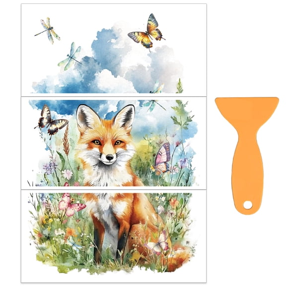3pcs/Set Fox Sitting in Flowers Rub on Transfers for Furniture and Crafts 12x6 Inch Fox Butterfly Furniture Transfer Sticker Rub on Decals