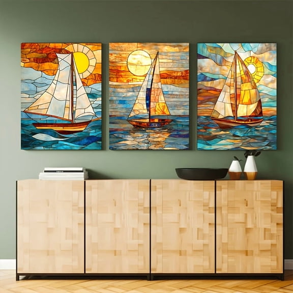 3pcs Set, Frameless Tiffany Style Stained Glass Art Paintings for Home Bedroom Kitchen Living Room Bathroom, Hotel Cafe Office Decor Canvas Wall Poster, Wall Decoration, Artistic Design, Handcrafte