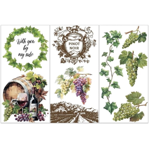 3pcs/Set Grapes Rub on Transfers DIY for Crafts and Furniture 6x12 inch Winery Decor Transfer Stickers Vintage Transfers DIY for Wood Furniture Scrapbooking Home Decorations
