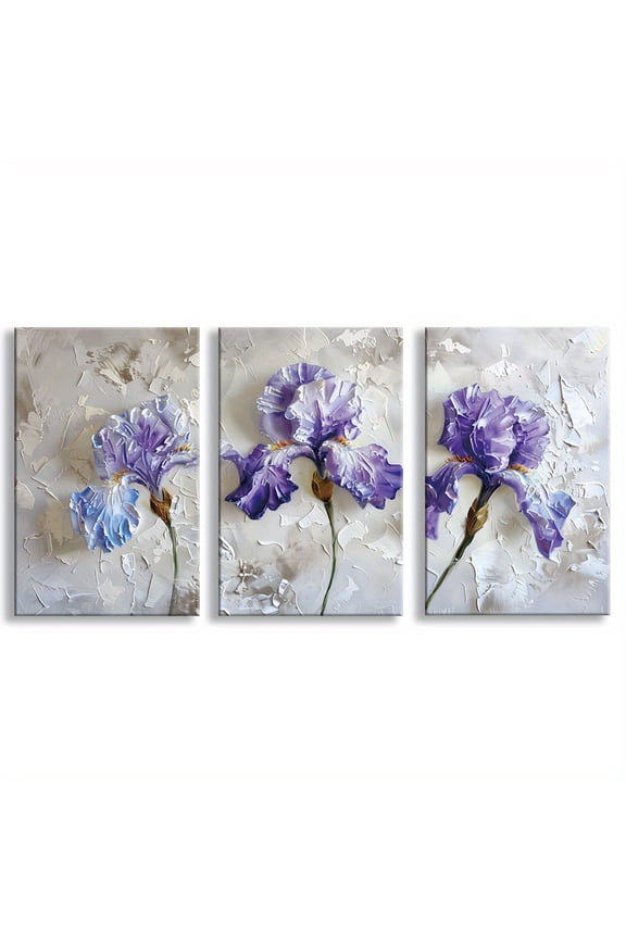 3pcs Set Iris Flower Canvas Wall Art - Frameless, Textured Balsam Iris Paintings in Purple, Blue & Lavender, Symbolizing Love and Fulfillment, Ideal for Living Room, Bedroom, Studio, and Hallway Dec