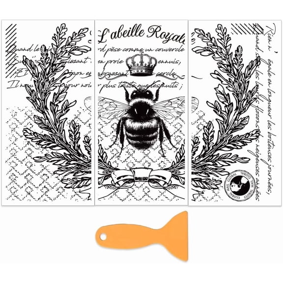 3pcs/Set L'abeille Royale Rub on Transfers for Furniture and Crafts 6x12 Inch Vintage Bee Furniture Transfer Sticker for Wood Furniture Home Decoration Colorful