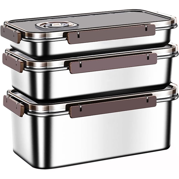 3pcs/Set Large Stainless Steel Food Storage Containers With Lids For Kitchen Picnic Travel Durable Leak-Proof Design Vacuumable, Size L, Rectangle