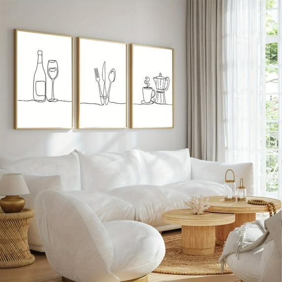 3pcs/ Set Line Drawing Kitchen Poster Decoration, Kitchen Wall Art, Restaurant Printed Matter, Housewarming Gifts, Kitchen Decoration, Kitchen Art, Modern Simple Black And White Line Wall Art Decora