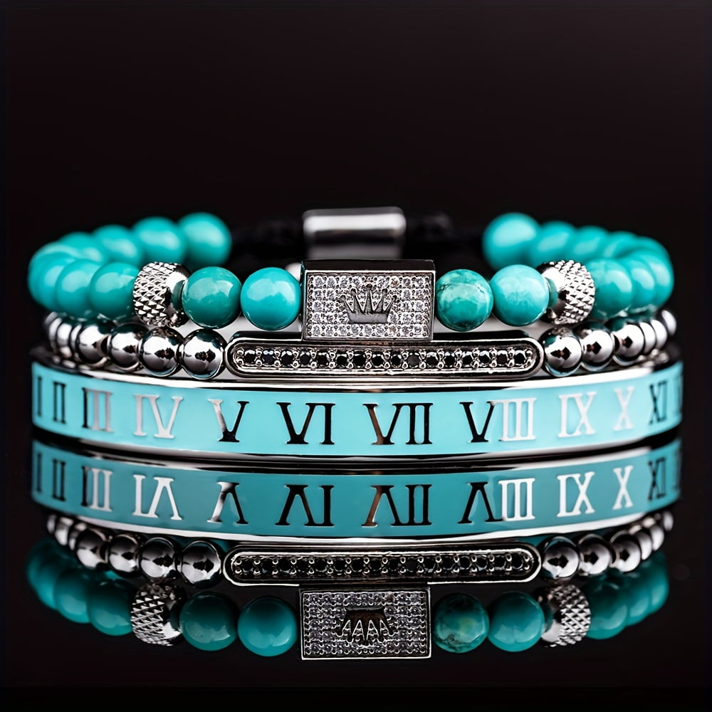3pcs/Set Luxury Royal King Crown Men Bracelets Roman Numeral Bracelet Unique Design Braided Adjustable Bangle Pulseira,Silvery