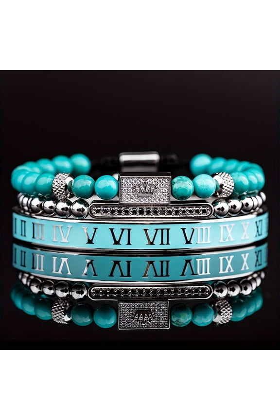 3pcs/Set Luxury Royal King Crown Men Bracelets Roman Numeral Bracelet Unique Design Braided Adjustable Bangle Pulseira,Silvery