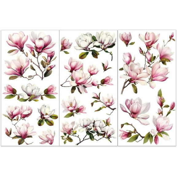 3pcs/Set Magnolia Rub on Transfers for Furniture and Crafts 6x12 inch Flower Decor Transfer Stickers Vintage Floral Rub on Decals for Wood Furniture Scrapbooking Home Decorations for DIY