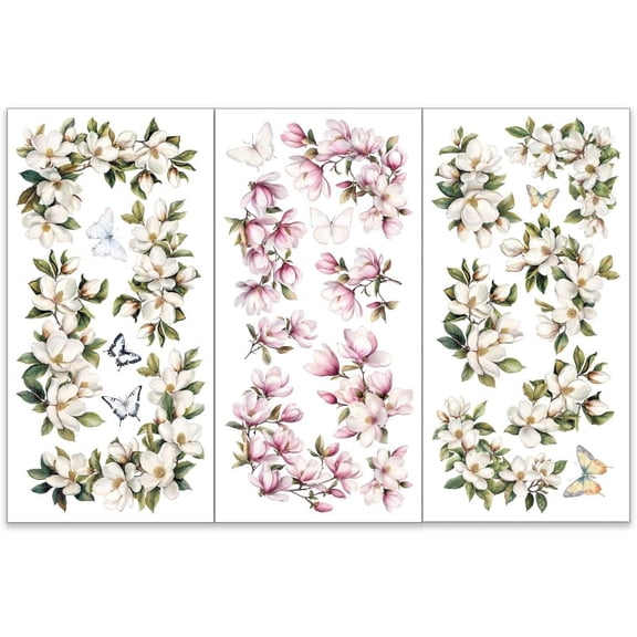 3pcs/Set Magnolia Rub on Transfers for Furniture and Crafts 6x12 inch Flower Corner Furniture Decals Butterfly Transfer Stickers Rub on Decals
