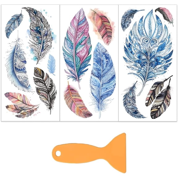 3pcs/Set Mandala Feather Rub on Transfers DIY for Crafts 6x12 Inch Colorful Feather Furniture Decals Decor Decorative Transfer Stickers with 1pc Scraper DIY for Home Office Scrapbooking