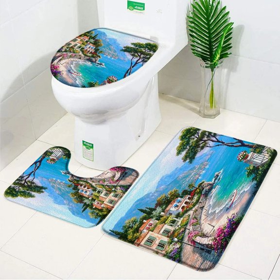 3pcs Set Mediterranean Landscape Bath Mat Oil Painting Europe Coastal Urban Landscape Decoration Anti Slip Bathroom Accessories