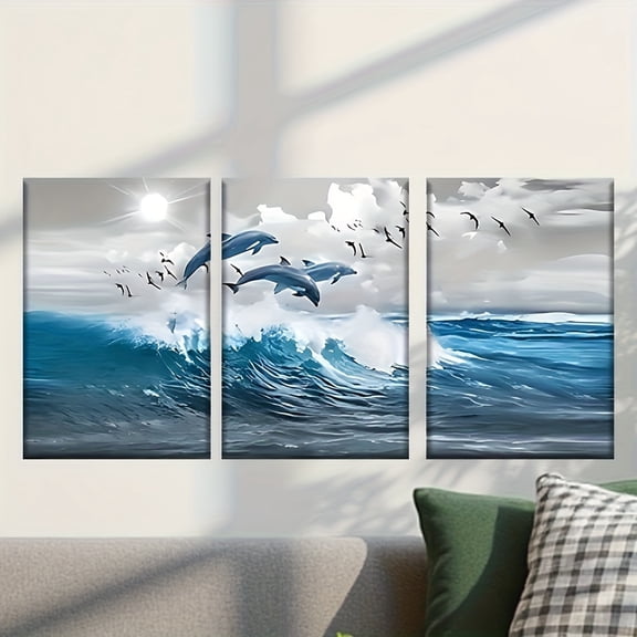 3pcs Set Modern Ocean Wave & Dolphin Canvas Wall Art - Blue & White Abstract Marine Painting Triptych, Frameless Vertical Panels for Living Room, Office, Cafe Decor - Coastal Housewarming Gift, Moth