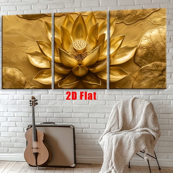 3pcs Set Modern Zen Art Golden Lotus Canvas Wall Art - Frameless 2D Flat Posters & Prints, Vibrant Abstract Floral Design for Living Room, Office, Bedroom, School, Cafe Decor - Perfect Birthday, Hol