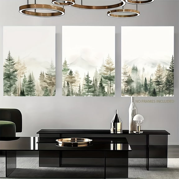 3pcs Set Mountain Art | Sage Green and Beige Canvas Wall Art, Adventure and Forest Themes, Frameless, Ideal for Home Office, Living Room, Bedroom, and Restaurants