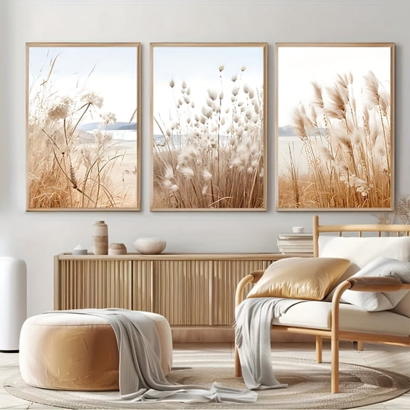 3pcs Set of Natural Art Landscape Wall Art Paintings, Plainscape Poster, Pampas Plain Print Decorative Painting, Sea View Background Neutral Plant Hanging Painting, Frameless, Suitable for Living Ro