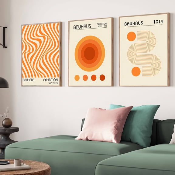 3pcs Set of Orange Bauhaus Art Prints, Minimalist Retro Wall Art, Bauhaus Exhibition Poster Set, Mid-Century Art, Modern Geometric Wall Art, Canvas Painting Prints, Gallery Wall Set Minimalism, Livi