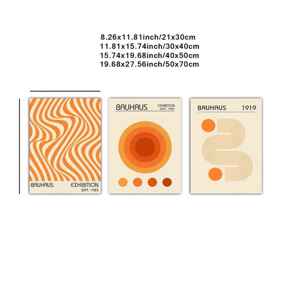 3pcs Set of Orange Bauhaus Art Prints, Minimalist Retro Wall Art, Bauhaus Exhibition Poster Set, Mid-Century Art, Modern Geometric Wall Art, Canvas Painting Prints, Gallery Wall Set Minimalism, Livi