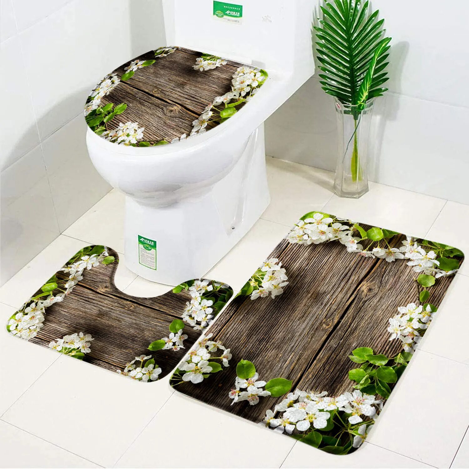3pcs Set Orchid Bath Mat Flowers Wood Planks Background Toilet Pedestal