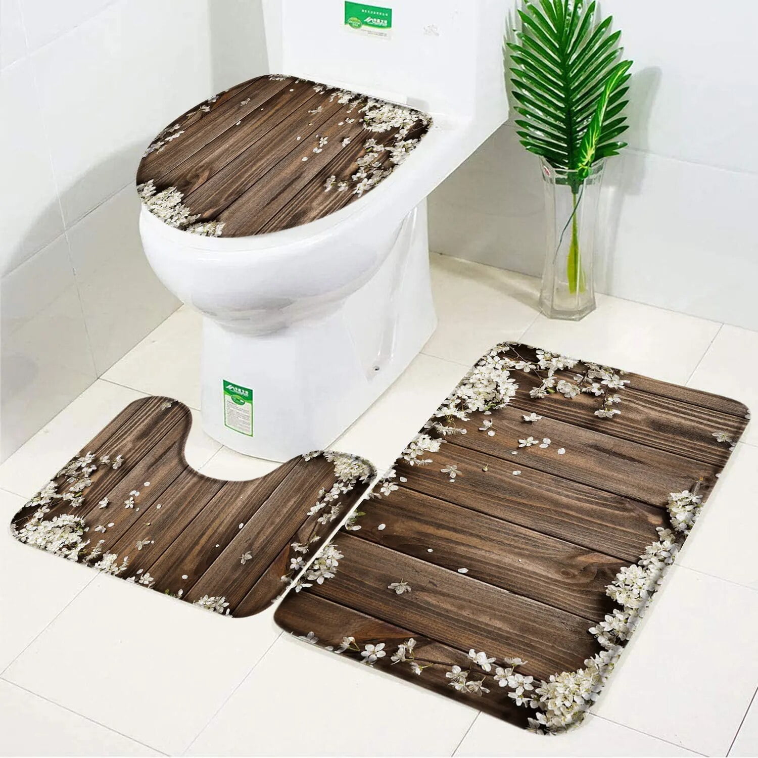 3pcs Set Orchid Bath Mat Flowers Wood Planks Background Toilet Pedestal