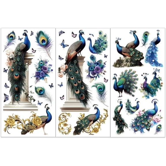 3pcs/Set Peacock Rub on Transfers for Furniture and Crafts 6x12 Inch Feather Furniture Transfer Sticker Furniture Decals Decor Transfer Stickers Rub on Decals for Furniture Colorful