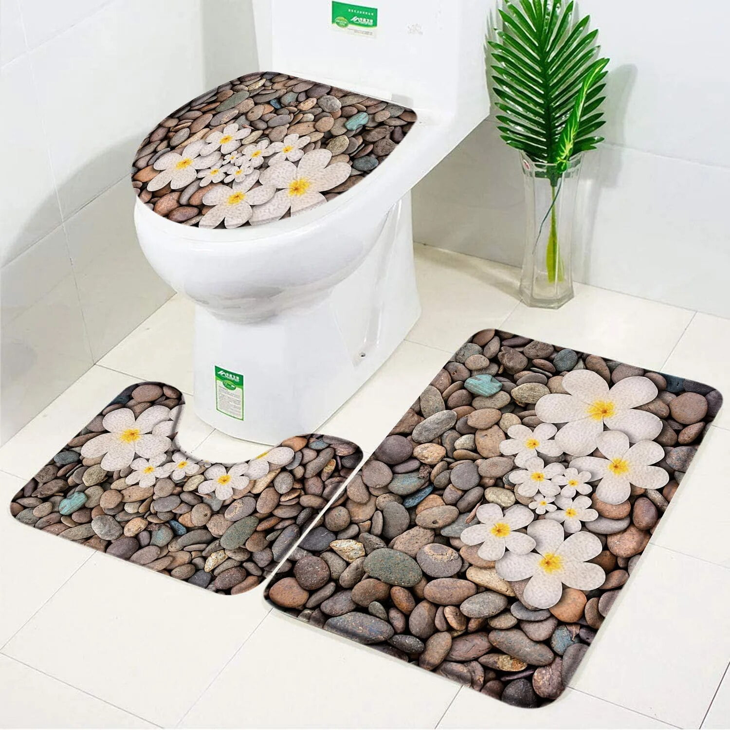 3pcs Set Pebbles Flower Bath Mat white Orchid Floral Zen Decor Flannel ...