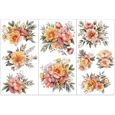 3pcs/Set Peonies Rub on Transfers for Crafts and Furniture 6x12 inch Flower Clusters Decor Transfer Stickers Vintage Floral Transfers for Wood Furniture Scrapbooking Home Decorations