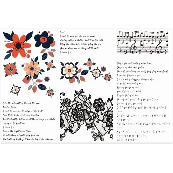3pcs/Set Poetry PVC Waterproof Decorative Stickers White 15x30cm/5.9x11.8 inch Floral Music Note Lace Flower Pattern Indoor Use Sticker Set 1set