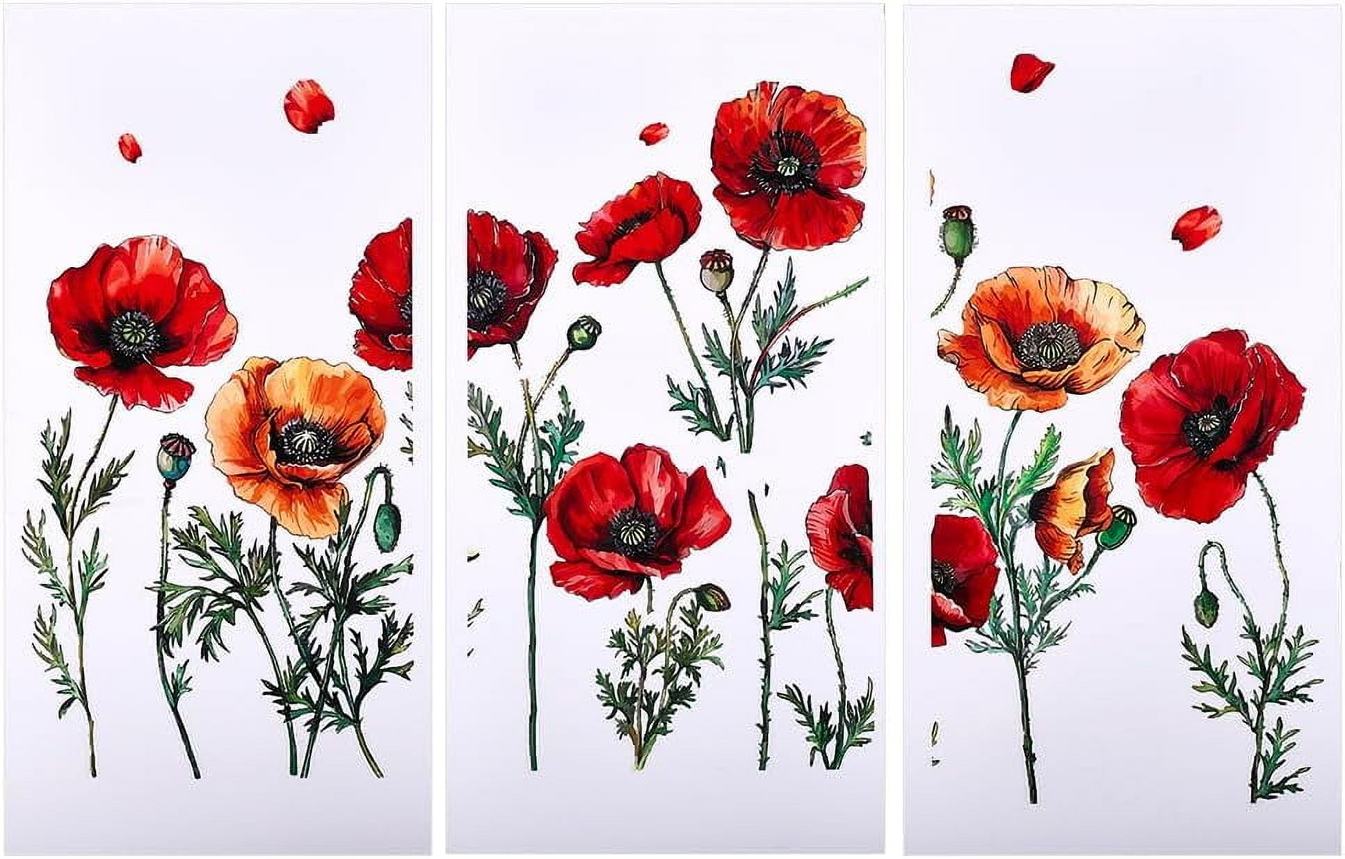 3pcs/Set Poppy Rub on Transfers for Crafts and Furniture 6x12 inch Flower Decor Transfer Stickers Vintage Floral Transfers for Wood Furniture Journal Scrapbooking Home Decorations