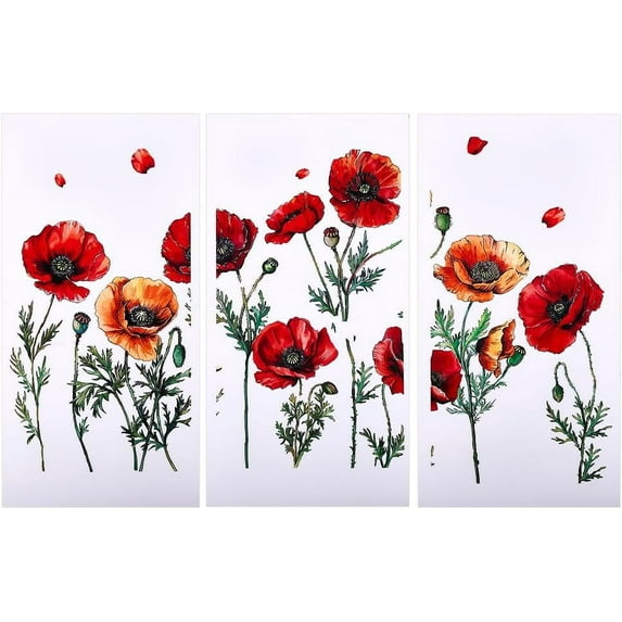 3pcs/Set Poppy Rub on Transfers for Crafts and Furniture 6x12 inch Flower Decor Transfer Stickers Vintage Floral Transfers for Wood Furniture Journal Scrapbooking Home Decorations