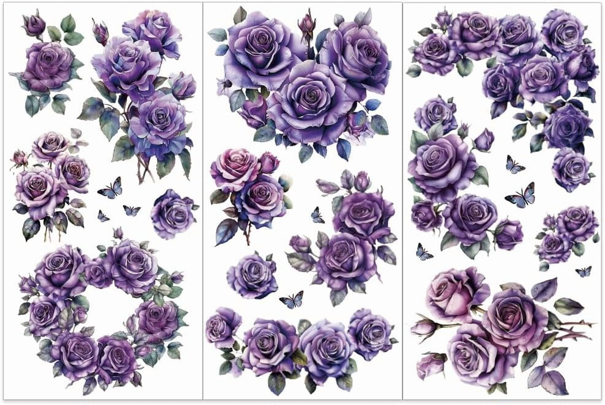 Flower Transfer Stickers 3pcs/Set Purple Rose Rub on Transfers for Furniture and Crafts 6x12 ...